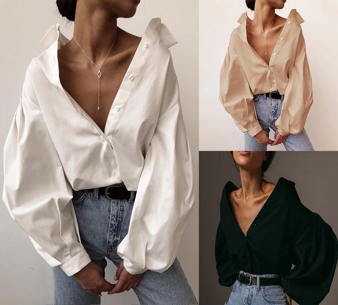 

Women Loose Shirts Chic Style Fashion Solid Color Blouses Lantern Sleeve Buttons Shirts Office Lady Elegant Spring Fall Tops