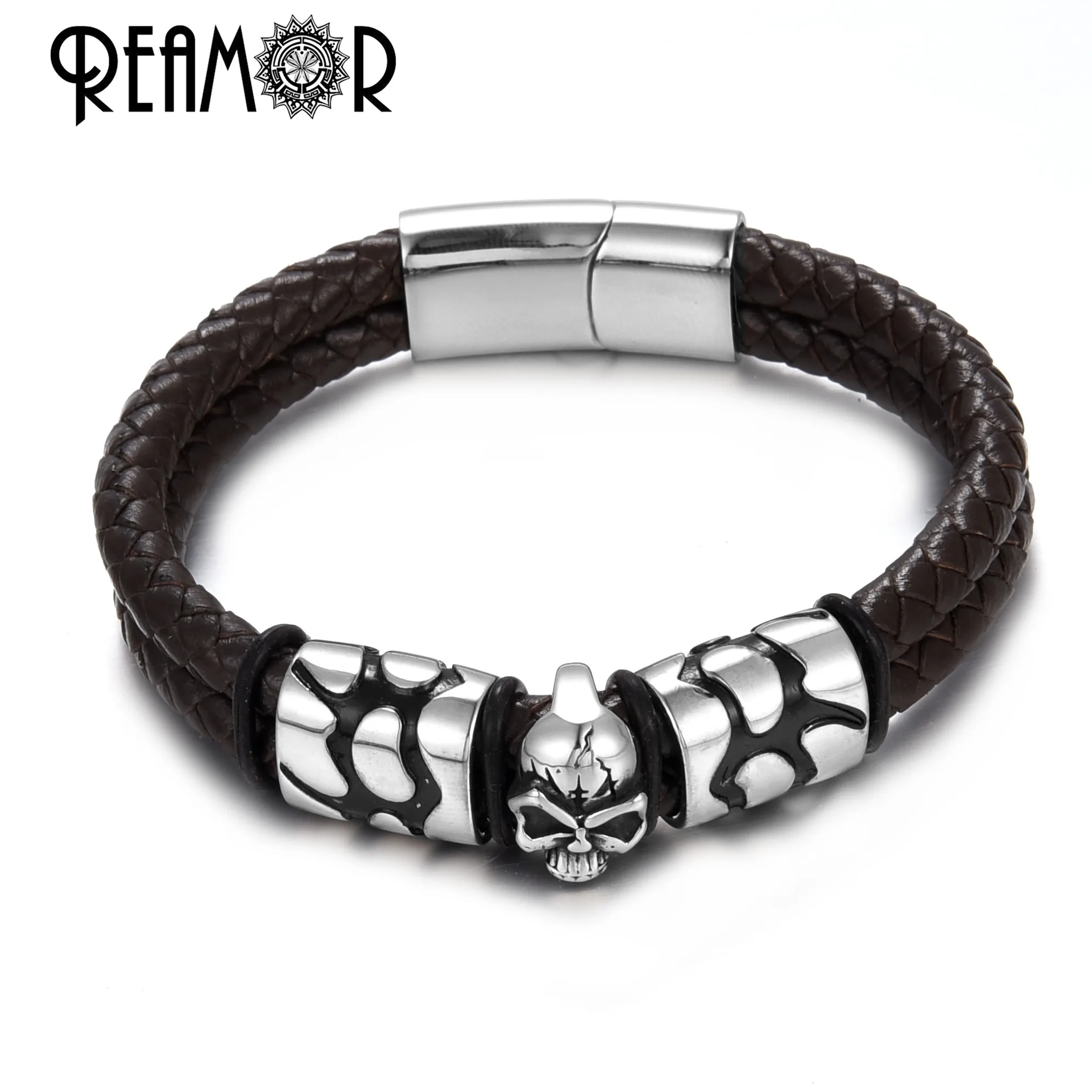 REAMOR Trendy Male Cuff Bracelets Crack Skull Head Double Leather Rope Bracelets 316l Stainless Steel Magnet Clasp Men Jewelry