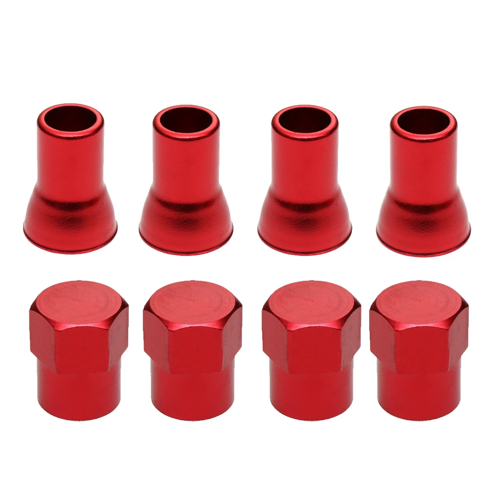 Ensemble de 4 tiges de Valve de pneu de voiture en alliage d\'aluminium rouge, capuchons hexagonaux + couvercles de manchon, capuchon anti-poussière,