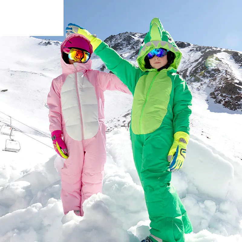 Children\'s outdoor one-piece ski suit men\'s and women\'s animal modeling cartoon dinosaur one-piece suit thickened cold proof ski