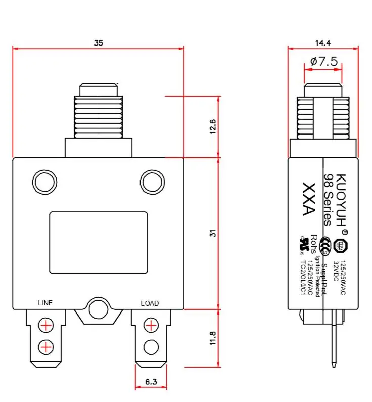 KUOYUH 98 series 3A 5A 8A 10A 12A 15A 16A 18A 20A 25A 30A 32AManual Reset Thermal Overload protector switch Mini Circuit Breaker