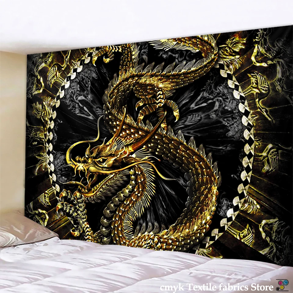 Chinese Dragon Totem Tapestry Cartoon Castle Wall Hanging Room Carpet Bedspread Beach Mat Tapis Home Decor Tapestries Art Home