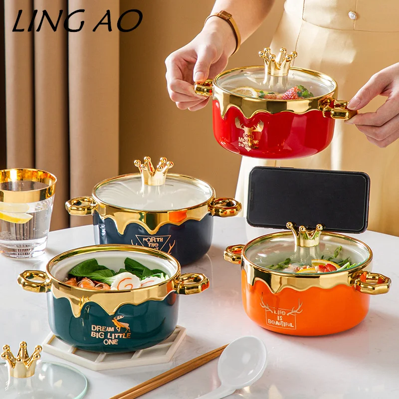 LingAo-Ceramic Bubble Noodle Bowl with Lid, Gold-Plated, Creative Nordic, Creative, Gold-Plated, High Appearance