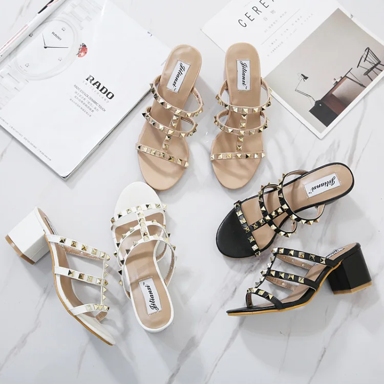 Women Summer fashion rivets black nude beige White PU leather Women lady hot sale Square heel 5cm  Casual sandal slip-on shoes