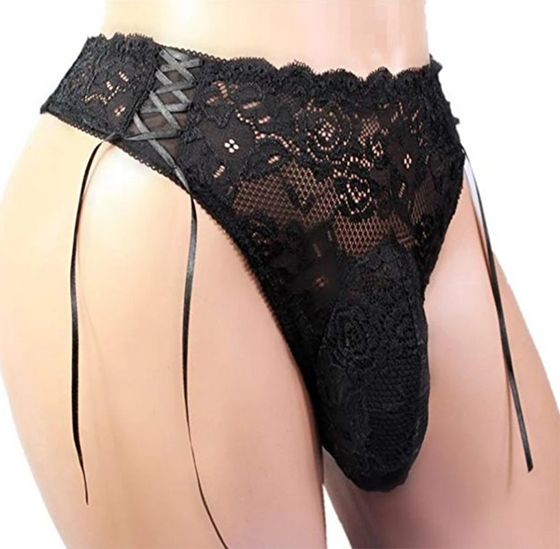 Men\'s lace large pouch g string underwear gay adult sissy thong underpants