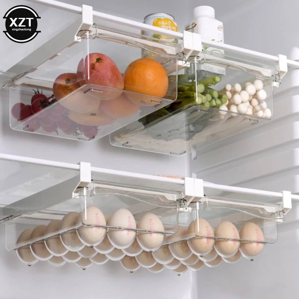 New Kitchen Fruit Food Storage Box Plastic Clear Fridge Organizer Slide Under Shelf Drawer Box Rack Holder Refrigerator Drawer