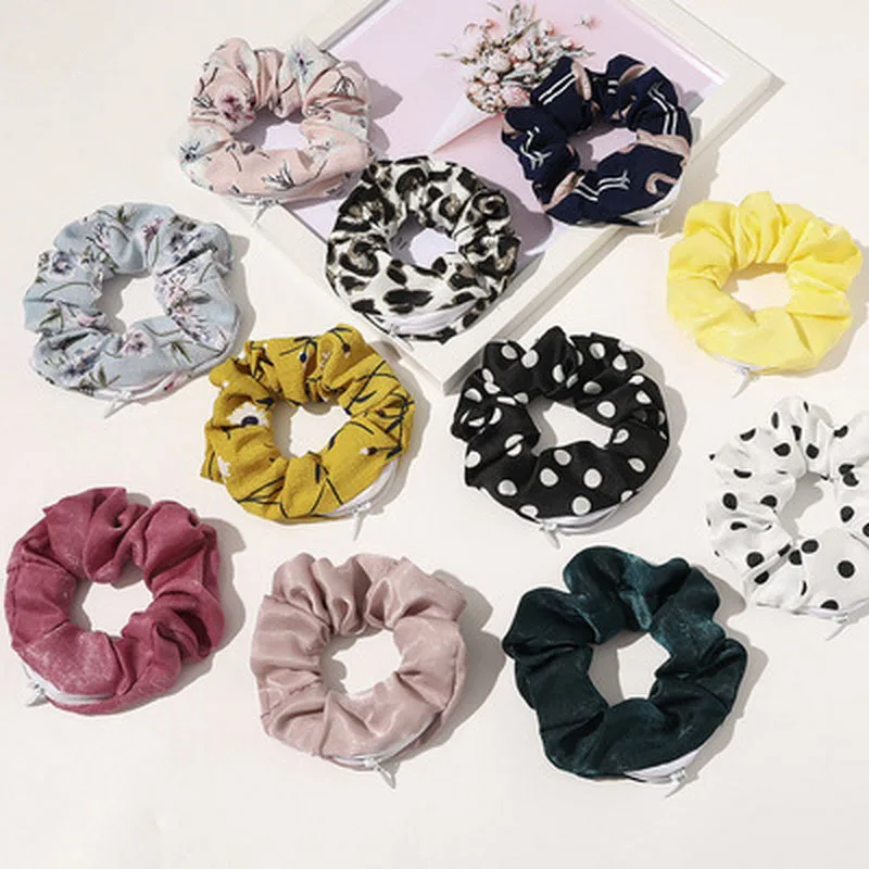 2021 Women Satin Zip Scrunchies Elastic Velvet Hairbands Leopard Crunchy Hair Ties Pocket Scrunchie Holder With Zipper Headwear