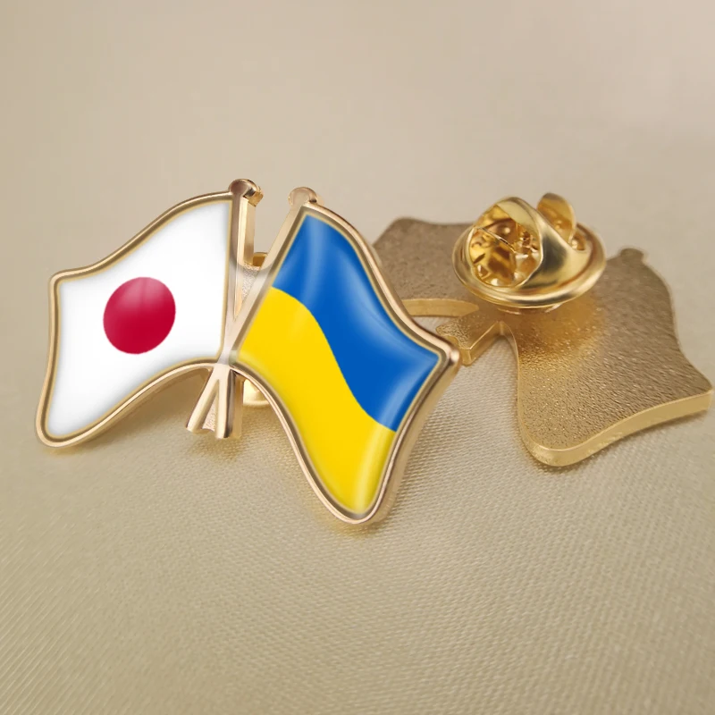 Ukraine and Japan Crossed Double Friendship Flags Lapel Pins Brooch Badges