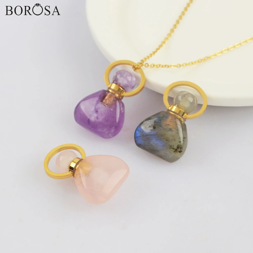 

Unique Natural Gems Stone Perfume Bottle Diffuser Necklace Golden Color Healing Crystal Chain Stainless Steel Jewelry G2018