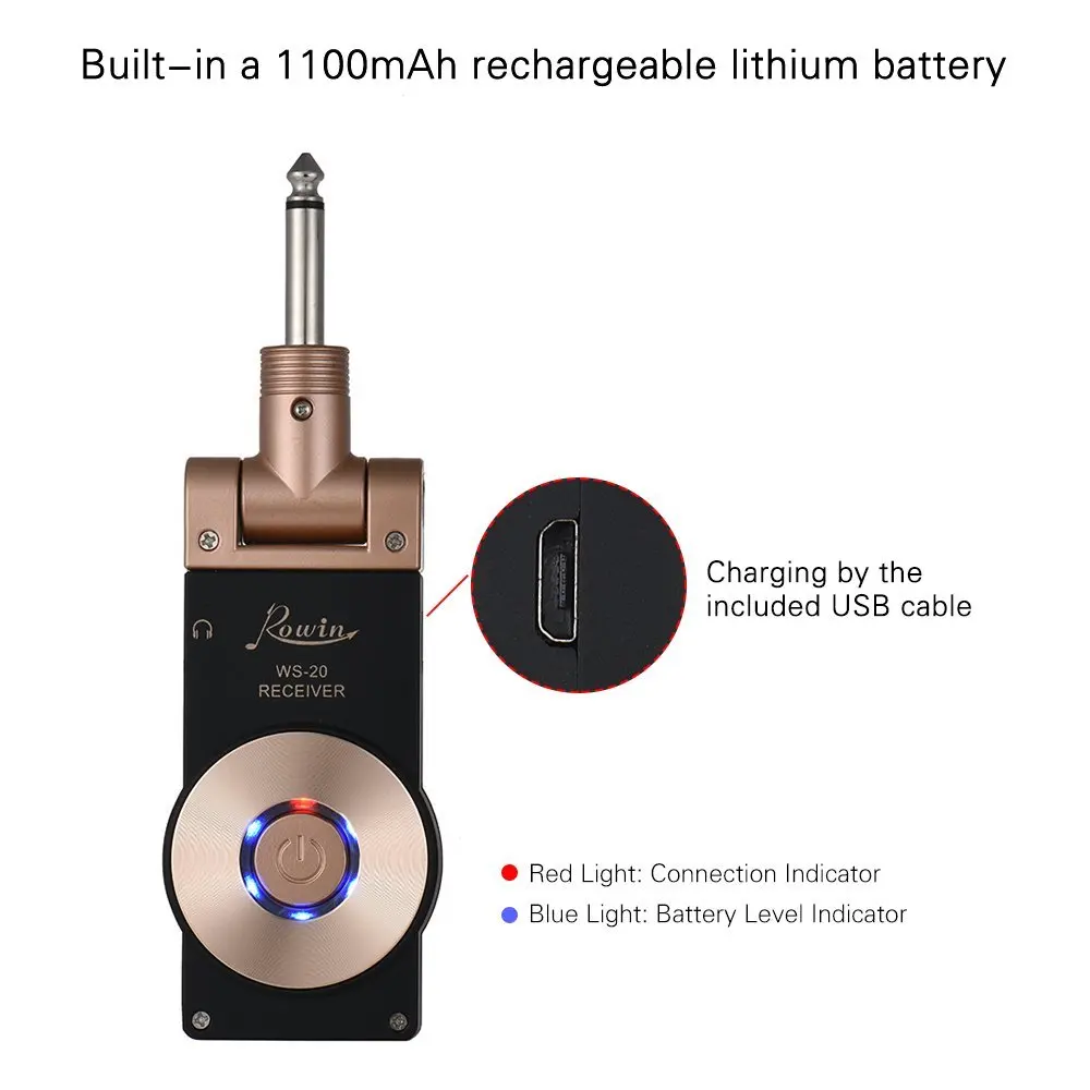 Rowin WS-20 Wireless Guitar System Transmitte Receive Digital Transmitter For Electric Guitar Bass Violin Connect Amp 100ft Tra