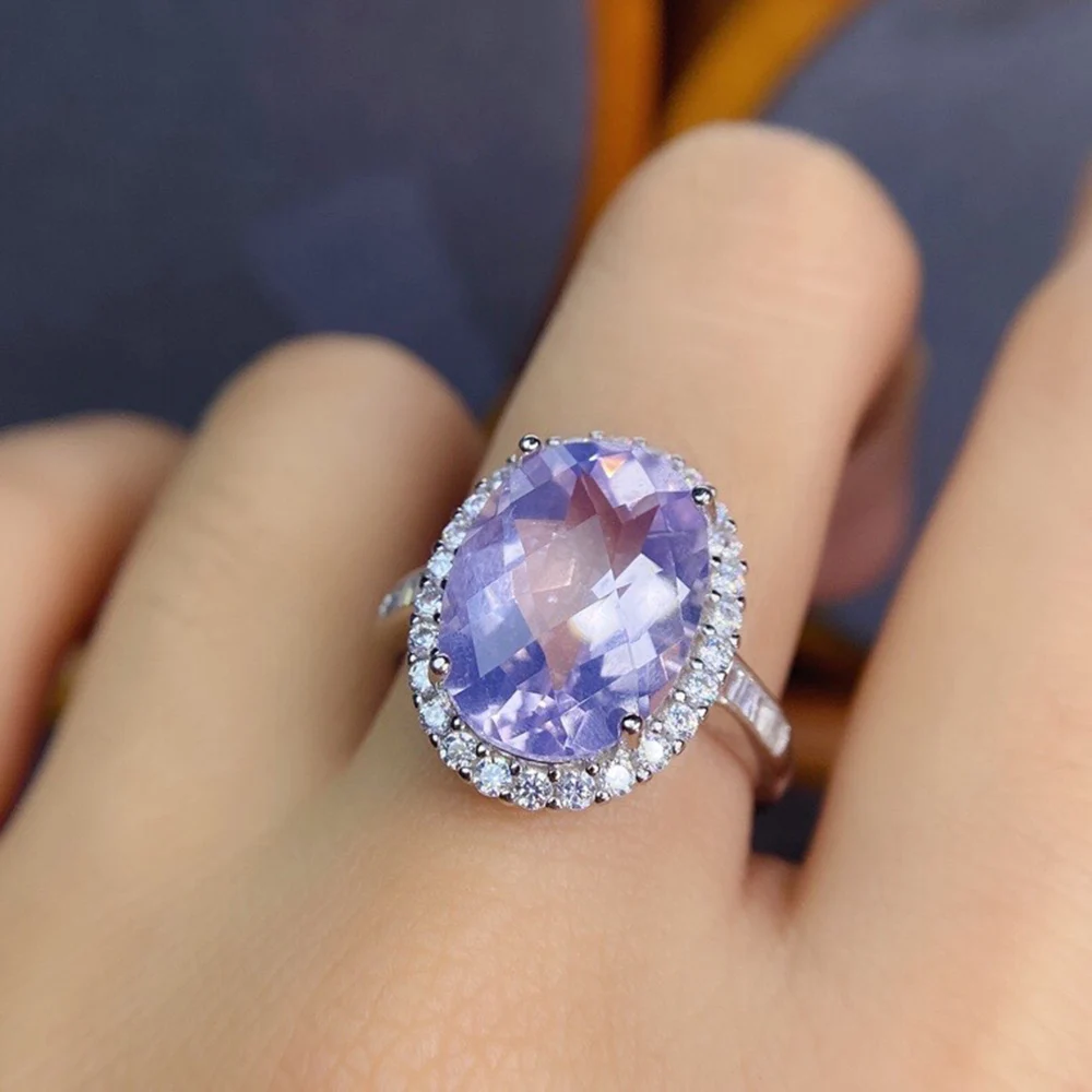 

Hot Selling Adjustable Size Ring Oval Natural Lavender Quartz Amethyst Halo Ring 925 Silver Engagement Wedding Rings For Gift