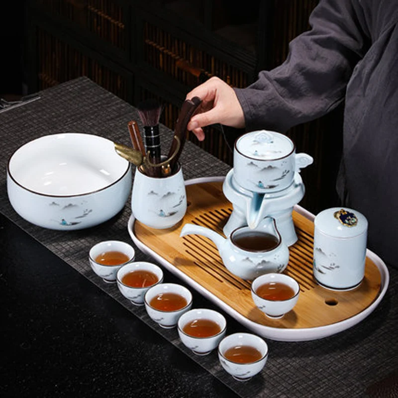 Chinese Gongfu Tea Gift Set Service, Automatic Stone-Mill Design, Porcelain Tea Pot Cups, Kung Fu Tea Ceremony , Home Decor