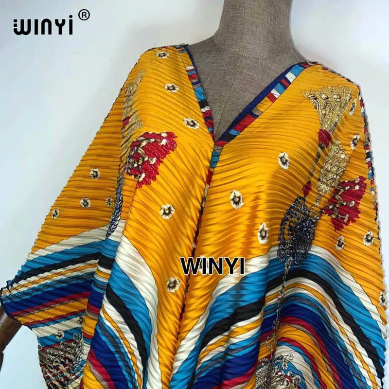 Europe Printed caftan For Women crumple Design Loose Dress silk dress Maxi Long Femme Vestidos Summer Autumn Party Elegant Dress