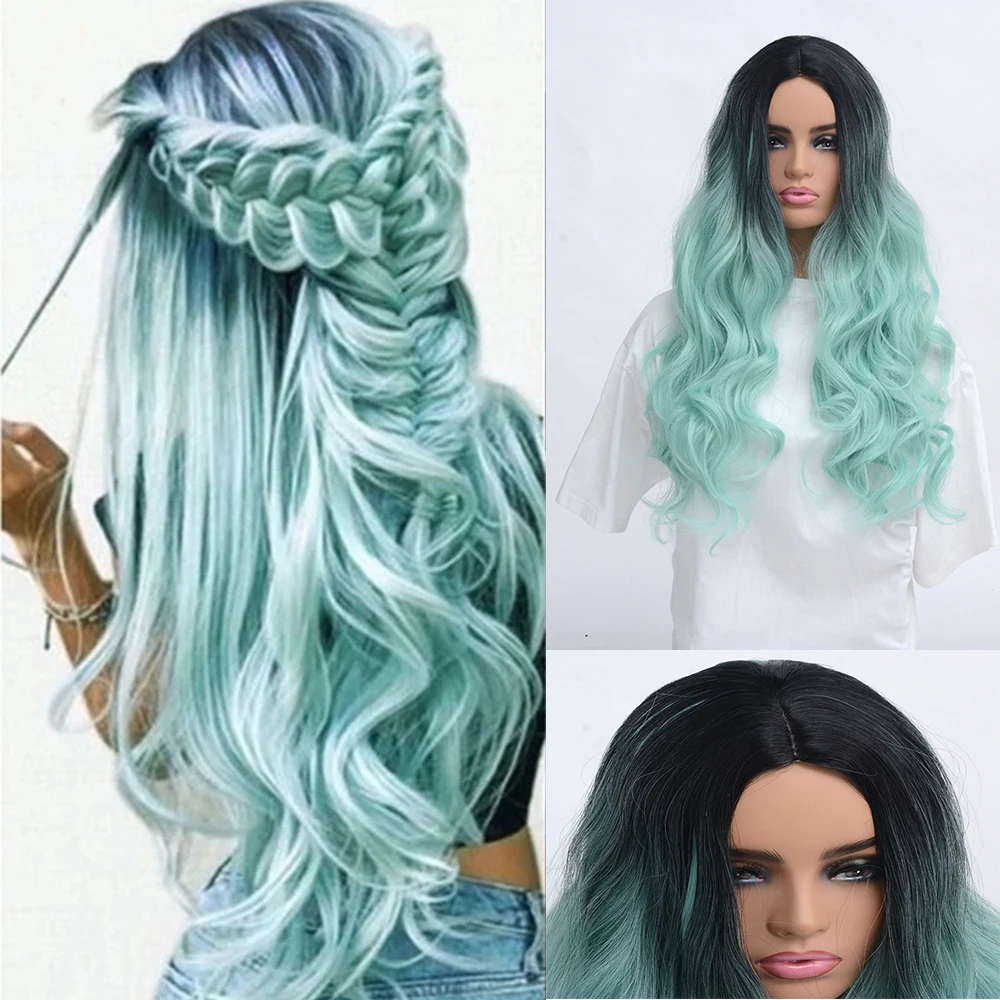 WHIMSICAL W Women Wig Synthetic Long Wavy Ombre Black Mint Green Natural Heat Resistant Breathable Hair Wigs