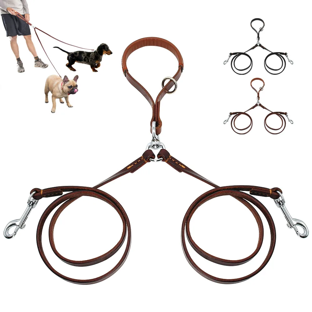 Double Dog Leash Genuine Leather Dual Dog Leash 360 Swivel No Tangle Walking & Training Leash For Two Dogs Soft Handle