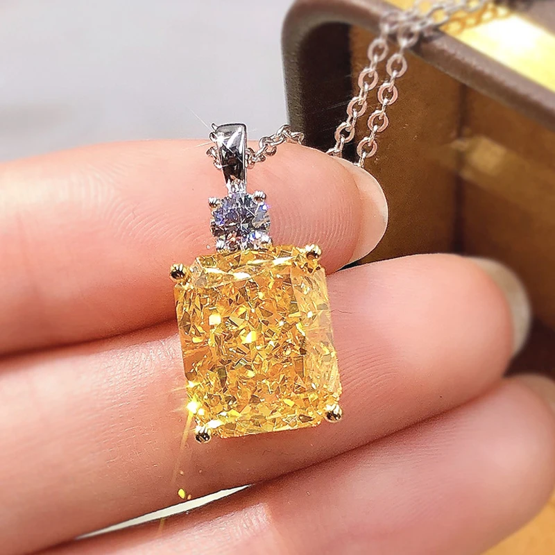 Huitan Gorgeous Yellow Square Cubic Zirconia Pendent Necklace Women Delicate Engagement Neck Necklace Gift Lady's Trendy Jewelry