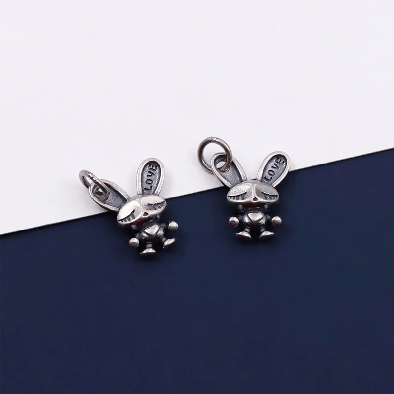 925 Sterling Silver Cute Love Rabbit Circle Charms Aging Process S925 Silver Necklace Pendant DIY Jewelry Decoration Findings image 3