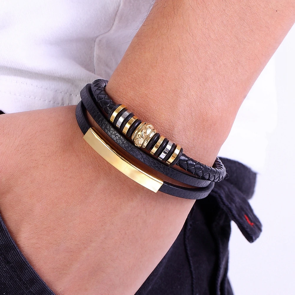XQNI Fashion Promotion Multi-layer Leather Stainless Steel Metal Luxury Men\'s Leather Bracelet Accessories For New Year\'s Gift