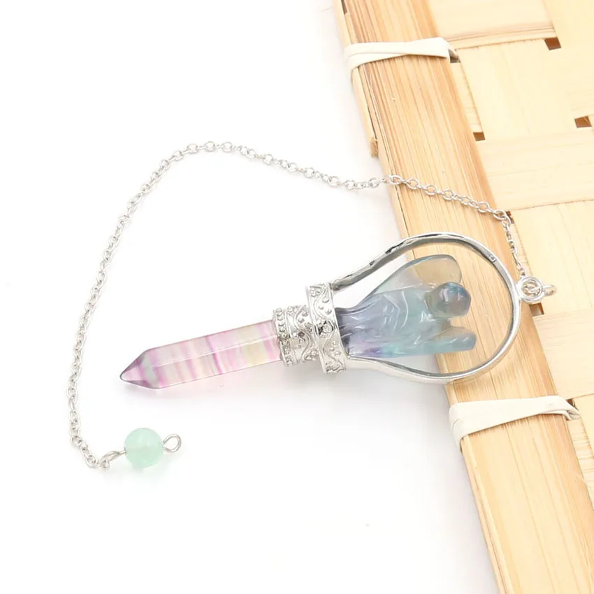 7 Chakra Chain Pendulum Pendant Natural Stone Fluorite Angel Reiki Healing Hexagonal Column Wicca Amulet Dowsing Charms Jewelry