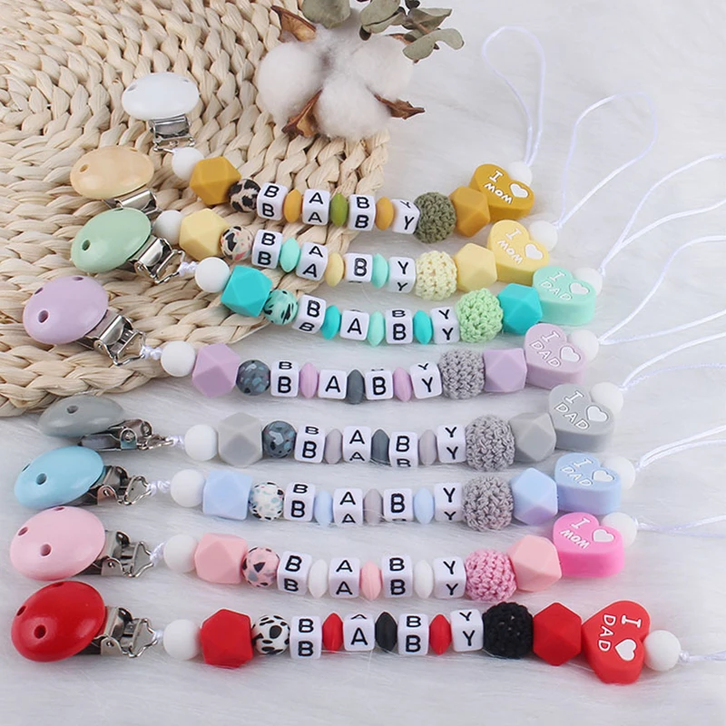 

Silicone Baby Pacifier Clips Chains Personalised Name Handmade Pacifier Clips Holder Chains for Babies Nipple Teether Toys Gifts