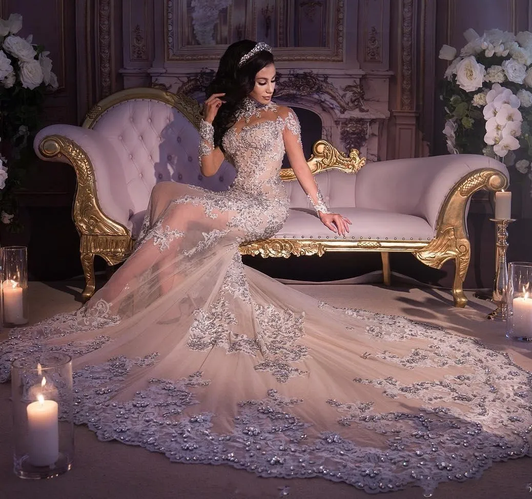 Lujoso vestido de novia de cristal con diamantes de imitación, cuello alto, apliques de cuentas, manga larga, vestido de novia de sirena, sobrefalda Árabe de Dubai