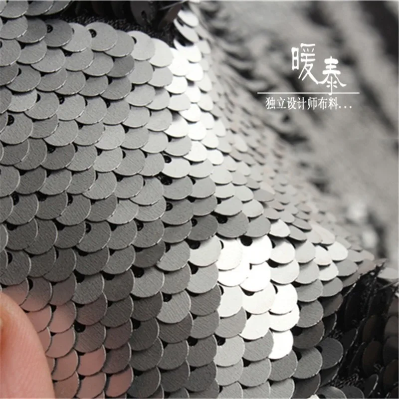 Embroidered Sequins Fabric Silver Black Fish Scales DIY Decor Props Wedding Dress Mermaid Skirt Stage Clothes Designer Fabric view 3