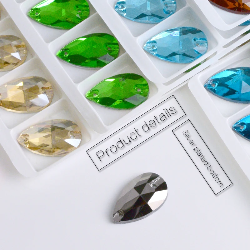 All colors sew-on rhinestones Water drops flatback sew on stone 2holes glass crystal for DIY wedding dress Accessories all size