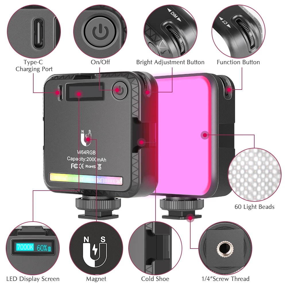 磁気LEDカメラライト,w64フラッシュ,2500-9000k,2000mAh,ディフューザー付き