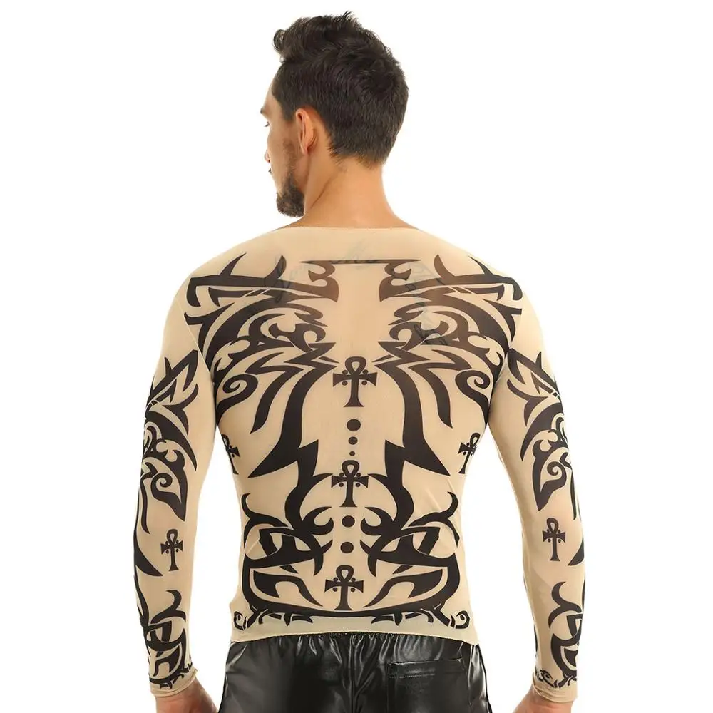 FEESHOW Men Fake Tattoo Design Elastic Long Sleeve T-Shirt Sweater Tattoo Mesh O-Neck Tee For Halloween Costumes Carnival Shirts