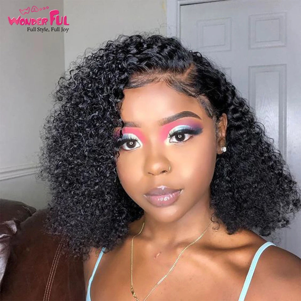 

Wonderful Human Hair Wig Kinky Curly Wig For Black Women Remy Brazilian Hair Pixie Cut Wig Short Bob Natural Black Part Curl Wig