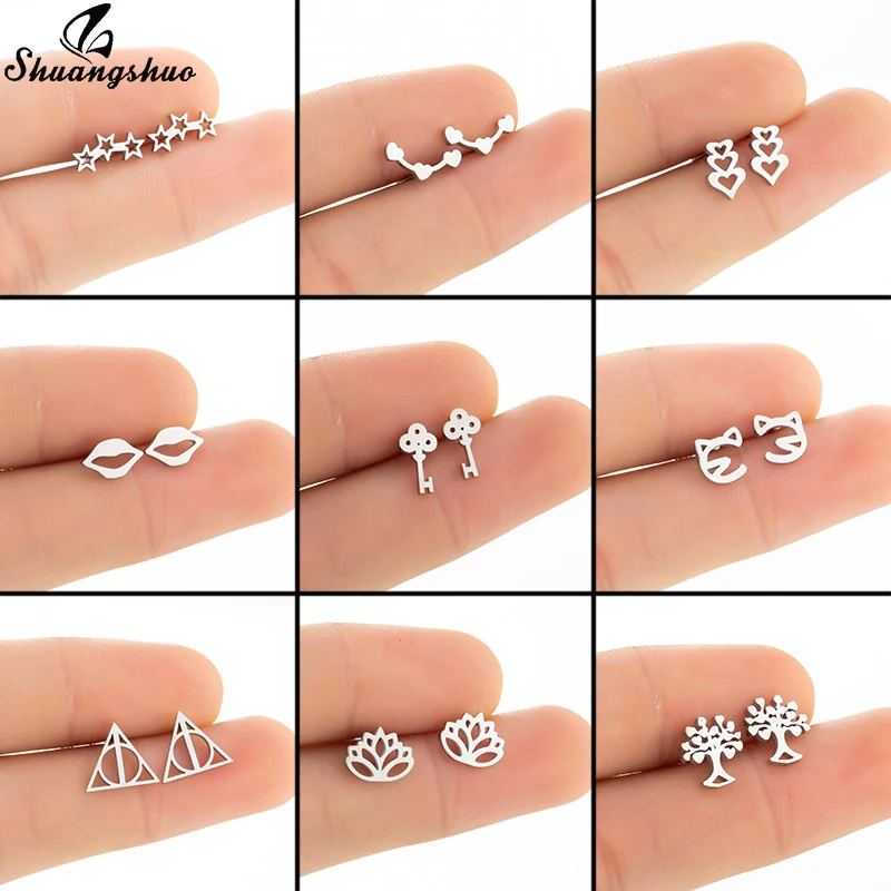 Shuangshuo Simple Fashion Stainless Steel Earrings Multie Hollow Star Stud Earrings Geometric Jwelry for Women Party Gift Bijoux