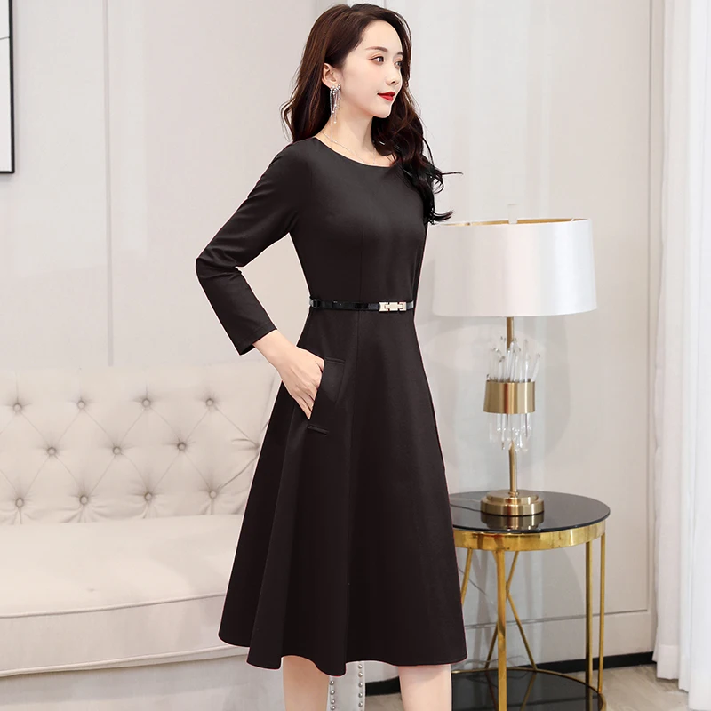 

2020 new arrive spring women dress long sleeve O-neck casual dresses office laday solid mid Dress