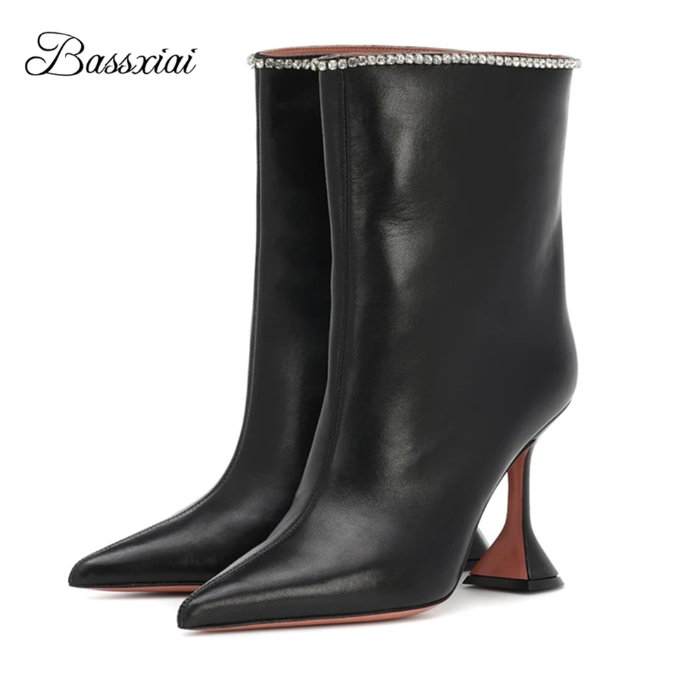 

Jeweled Rhinestone Short Boots Women High Goblet Heel Genuine Leather Point Toe Slip-on Modern Booties Autumn Winter