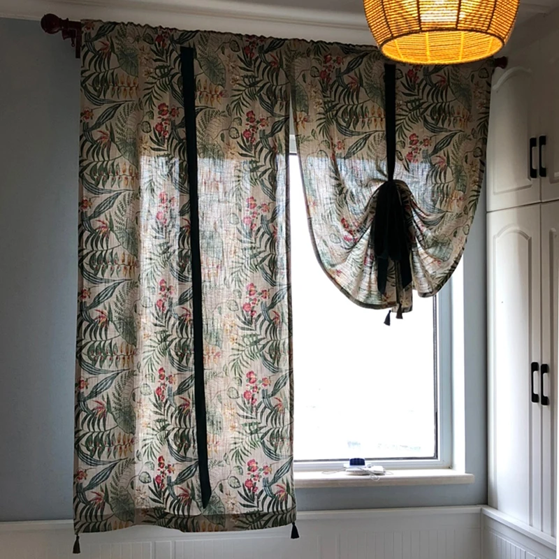 Short Kitchen Curtain Nordic Semi-blackout Roman Curtains Green Floral Plant Pull-up Window Treatment Tie up Balloon for Toilet