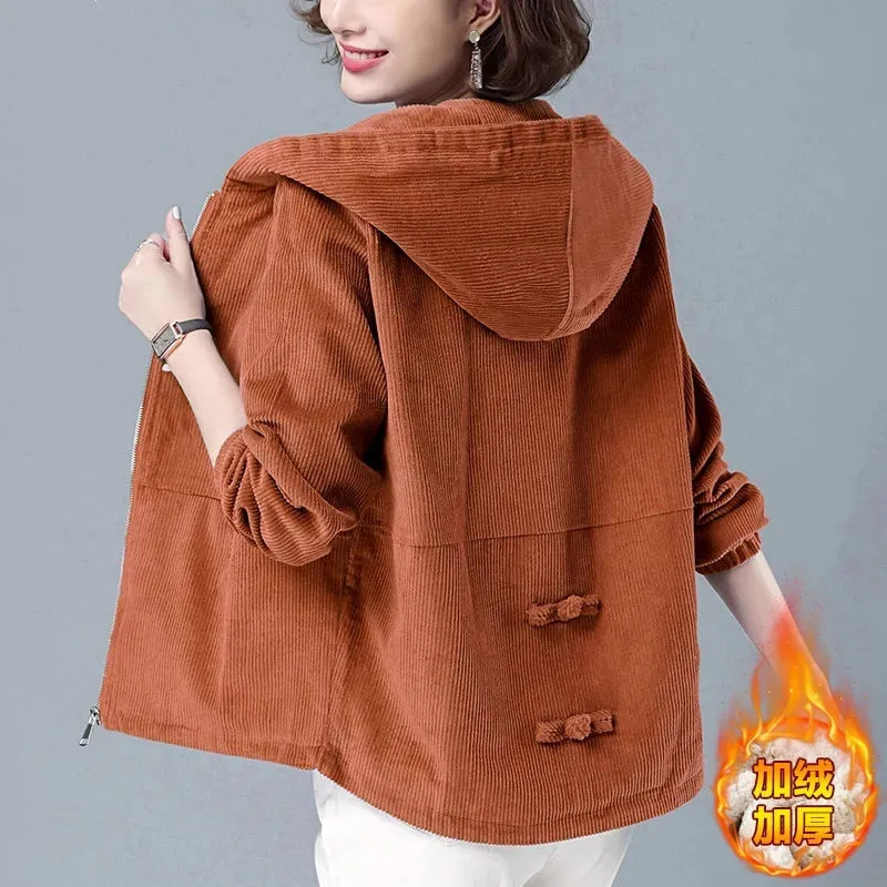 Women Spring Autumn Corduroy Jacket 2022 Female New Korean  LooseShort Jacket Middle-aged Mother Hooded Jacket A486