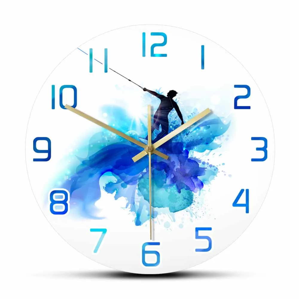 Kitesurfing Kite Boarding Wall Clock Water Sports Lovers Living Room Decor Kite Watercolor Printed Silent Non Ticking Wall Watch