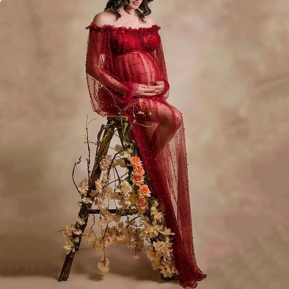 Beading Pearl Maternity Photography Long Dress Slash Neck See Through Maternity Photo Shoot Pearl Dress