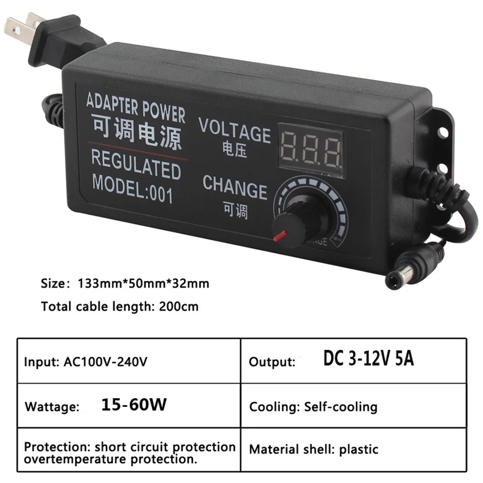 Adattatore di Alimentazione Regolabile AC 100-240V a DC 3 V-12 V 5A/9- 24V 5A Accessori Per L'illuminazione Dello Schermo di Visualizzazione Tensione di Alimentazione