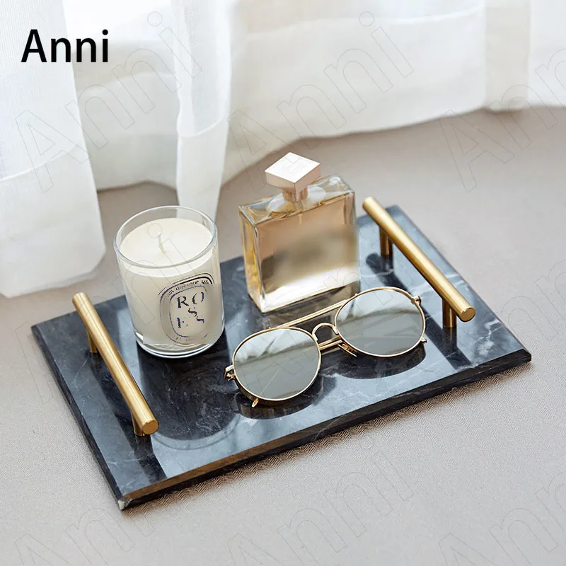 

Natural Marble Trays Decorative Nordic Modern Golden Handle Jewelry Cosmetic Storage Display Tray Bathroom Toiletries Decoration