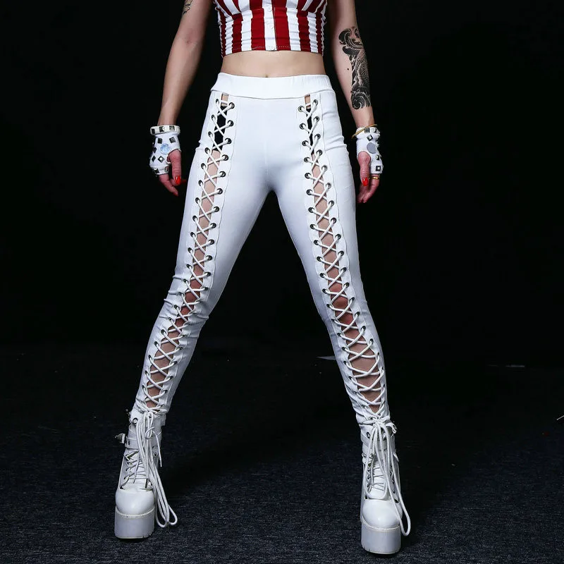 

2021 White Black Hop Hop Pants Women Dance Singer Bandage Hollow Out Nightclub Perform Skinny Lace Up Pants Women street dance