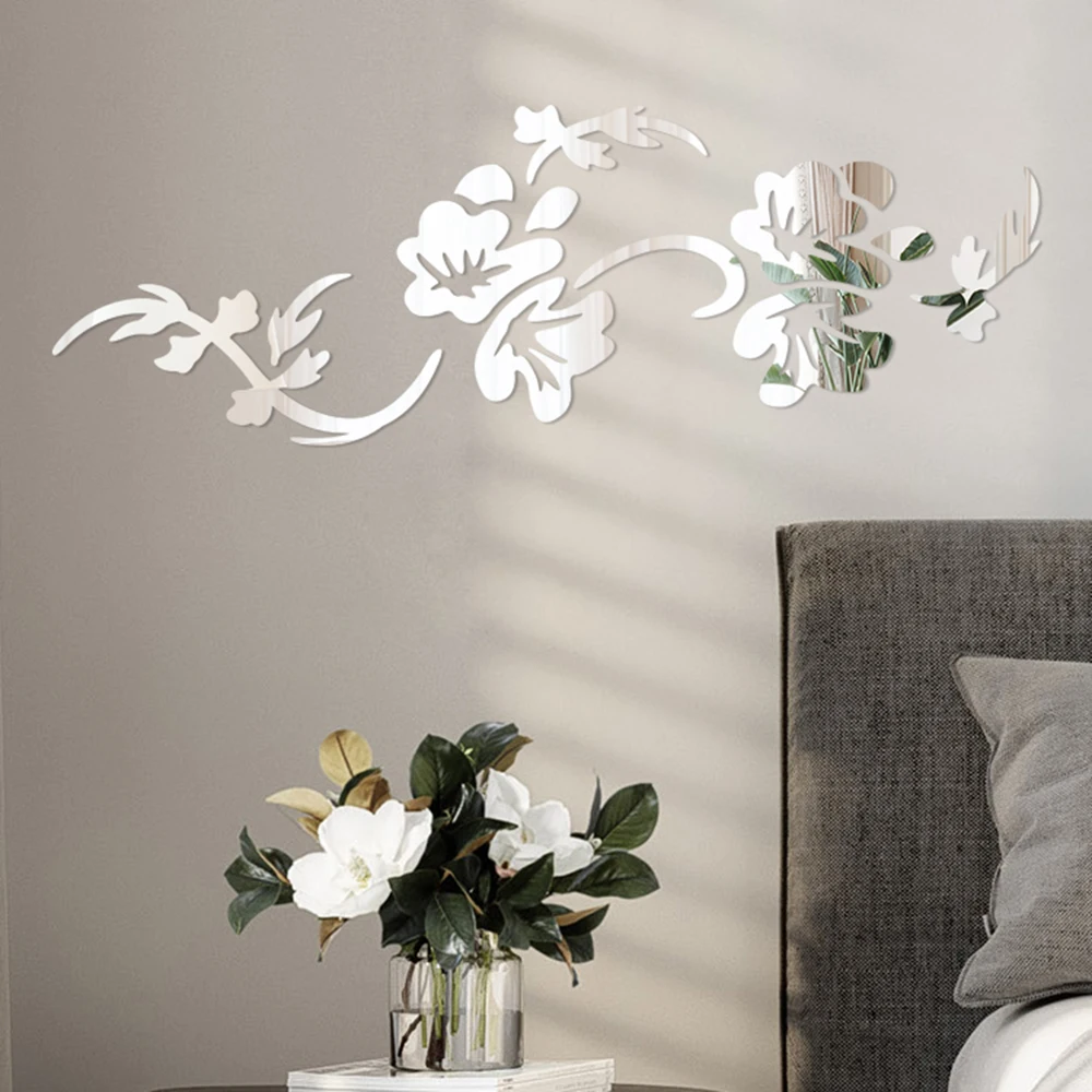 3D Flowers Design Acrylic Mirror Wall Sticker Bedroom Living Room Porch Decorative Wallpaper Decal Home Office Bar Decoration