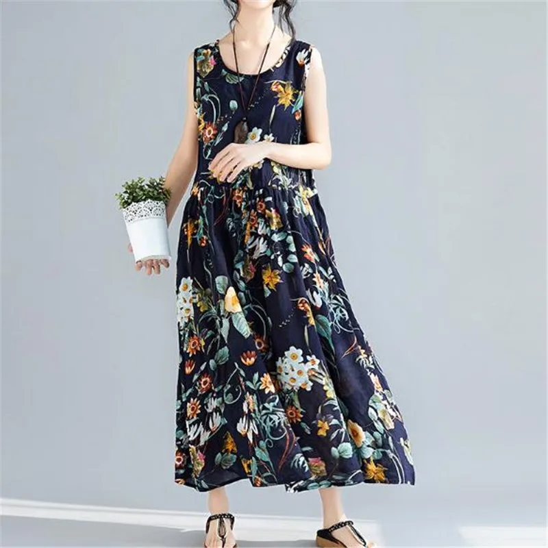 3XL Pluse New Arrivals 2020 New summer Dress Women Casual Cotton Linen Round Neck Loose Print Dress Vestidos