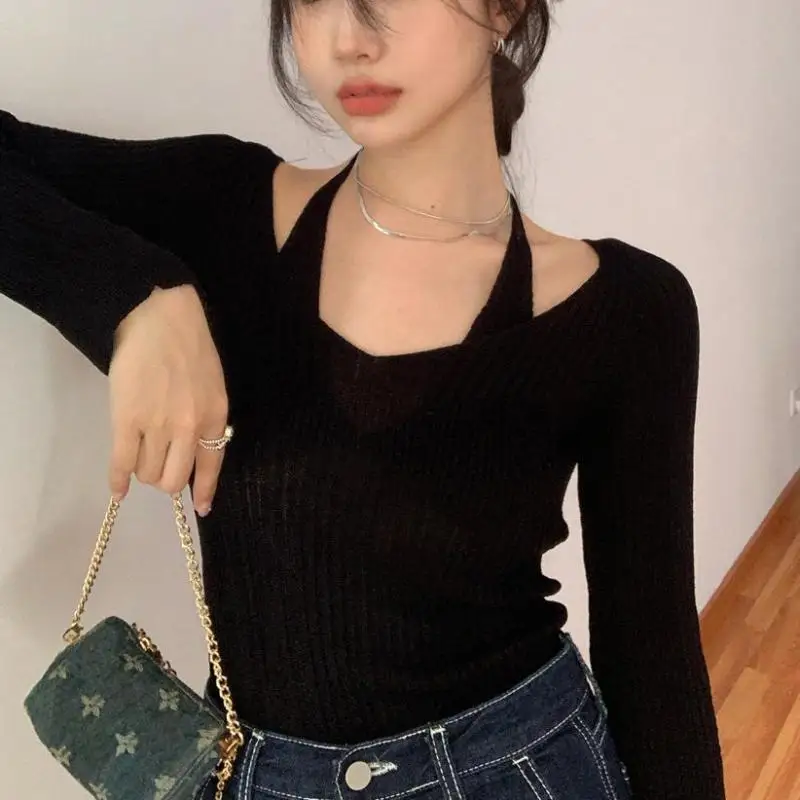 Tonngirls Fake Two-piece T-shirt Long Sleeve Halter Black Tops Knit  Slim Sweater Tops Women Autumn  Spring Sexy Female Tee Tops