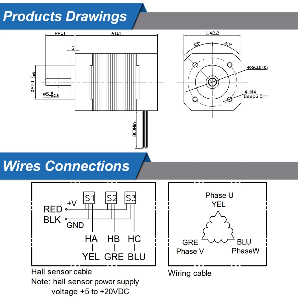 42BLS02 4000rpm Bürstenlosen DC Motor 42*42*61mm 24V 52,5 W 3 Phase 0,125 N.m 8-pole 3,3 EINE BLDC Motor Für 3D Drucker DIY Design – Detail 5