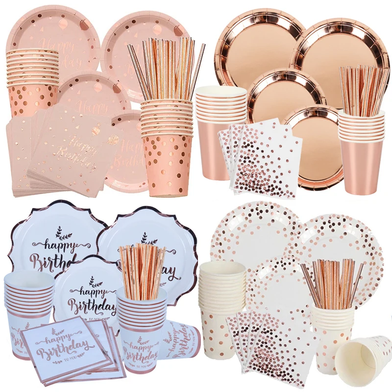 74-78pcs Rose Gold Party Disposable Tableware Set Paper Cup Plate Napkins Birthday Party Decorations Wedding Supplies Babyshower