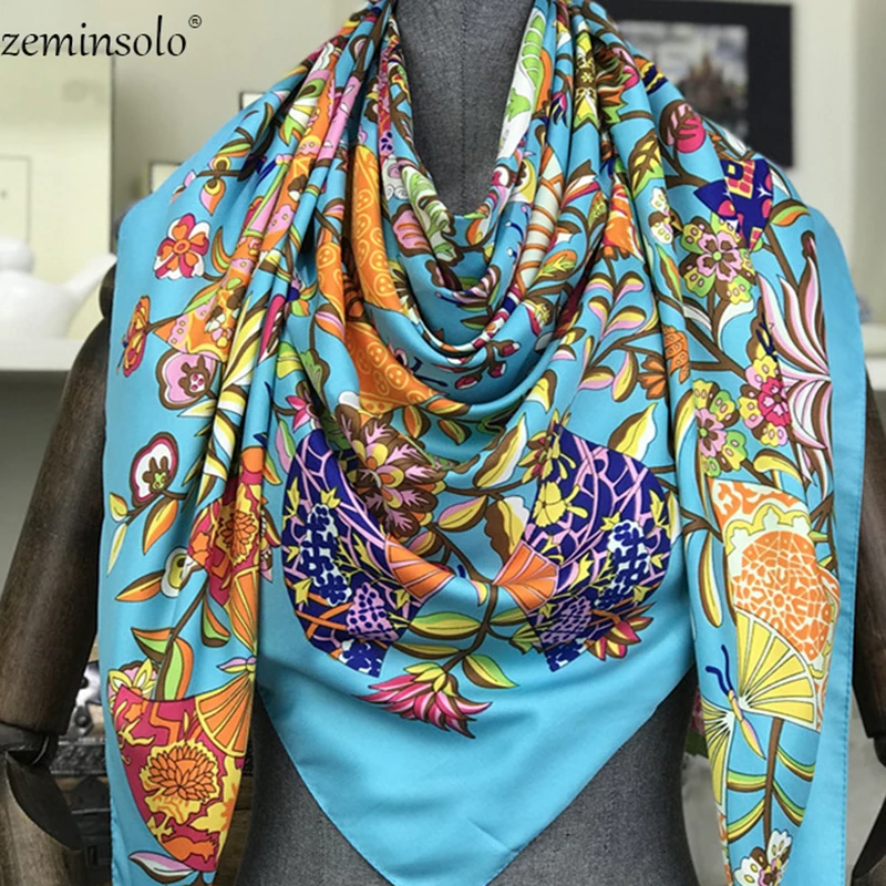 100% Silk Scarf Women Flowers Printed Foulard Square Scarves Luxury Brand Head Bandana Large Wraps Female Shawls Hijabs Scarves