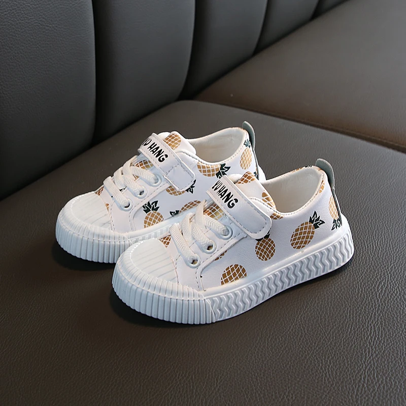 Hot sale pineapple strawberry spring and autumn new soft bottom girls children students casual non-slip PU leather sports shoes