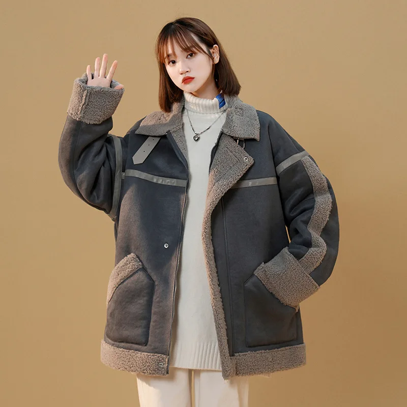 Deerskin 벨벳 오토바이 자켓 여성 패션 두꺼운 따뜻한 가짜 가죽 Shearling 코트 빈티지 램 양모 Overcoat 여성 Outwear