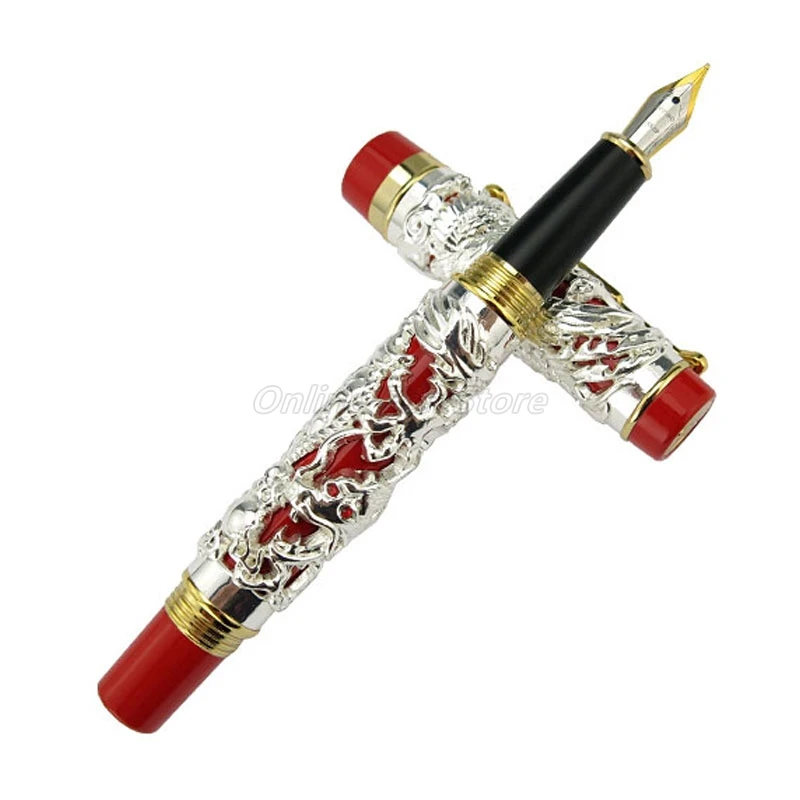 Jinhao Vintage Metal Red Barrel Silver Dragon And Phoenix Carving Embossing Medium Nib Heavy Fountain Pen Noble Office School