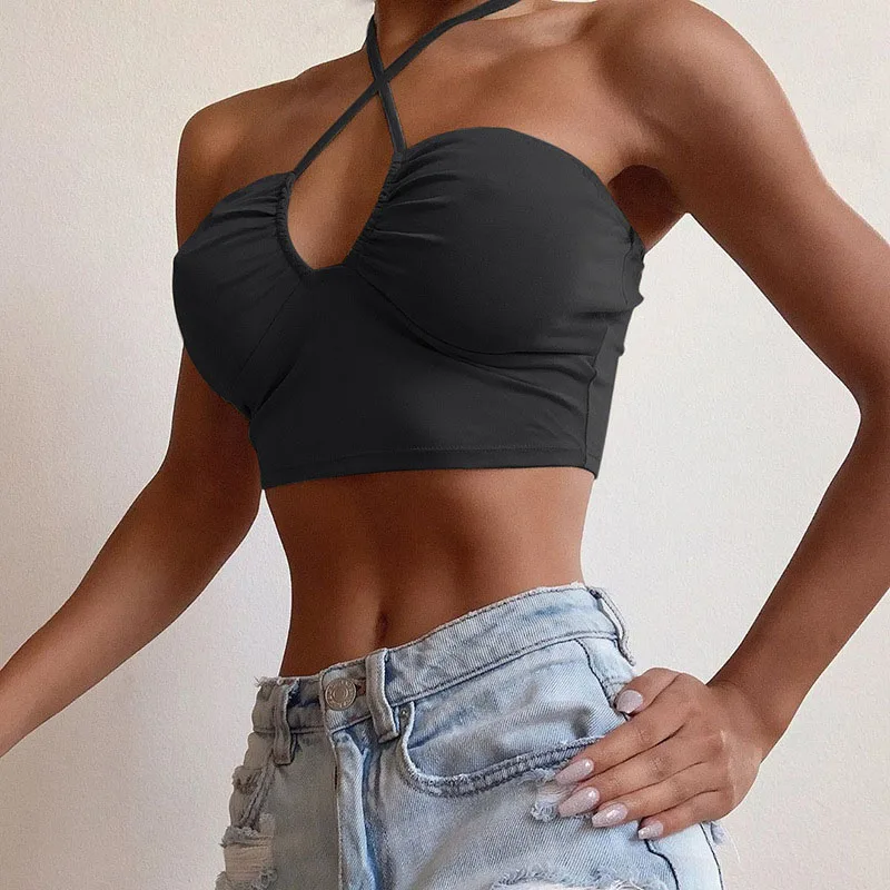 Sexy Solid Lace Up Bow Halter Ruched Crop Top Fashion Sleeveless Backless Tube Tops Female Streetwear Tops  New Women